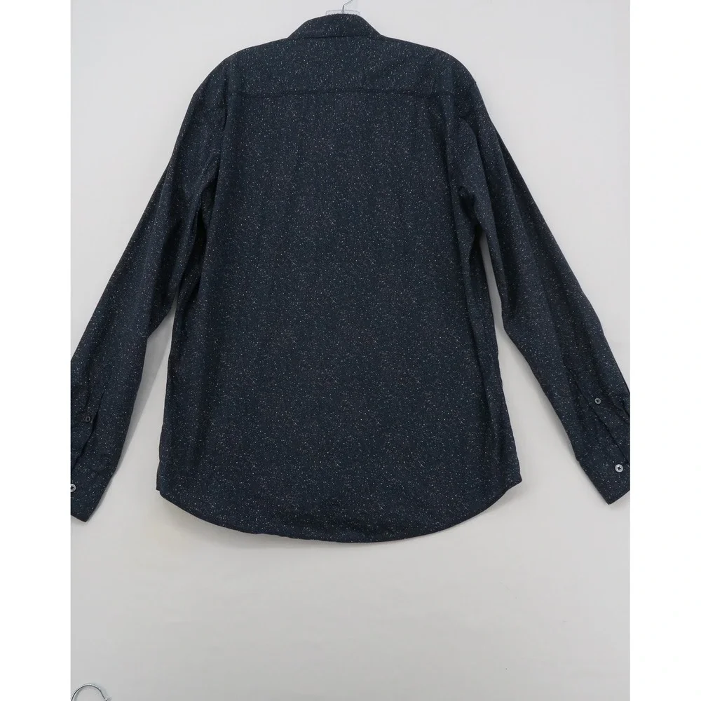 Bugatchi Mens‎ Shaped Fit Long Sleeve Button Down Shirt Navy Speckle Print Large